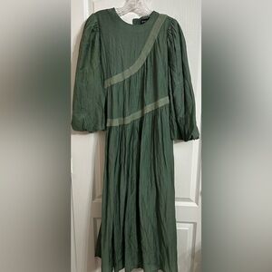 Women's Forest Green Long Sleeve Maxi Dress with Trim Detail